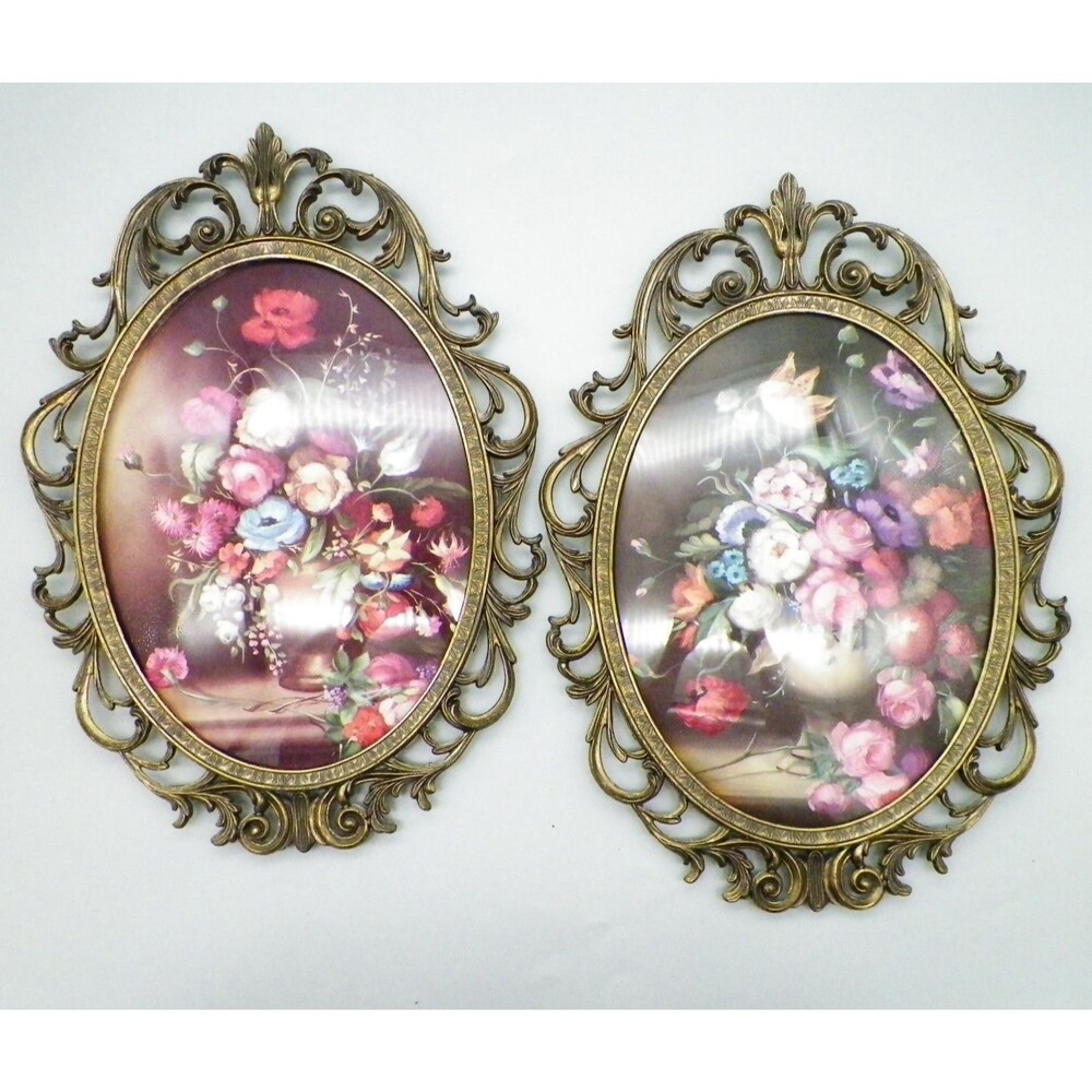 Vintage Pair Oval Brass Framed Floral Pictures Convex Bubble Glass Made in Italy